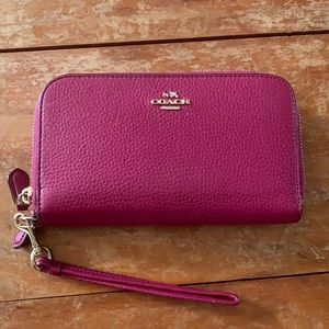Magenta wallet with two zippers/compartments